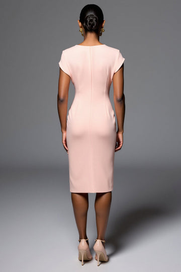 Ruched Pink Bodycon V-Neck Midi Work Dress